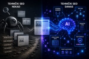 Vizualni prikaz razvoja tehničkog SEO-a od robots.txt i XML Sitemapa do AI optimizacije, Entity SEO-a i Schema Markupa.