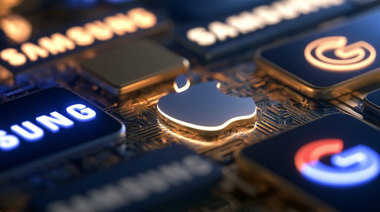 Minimalistički tehnološki prikaz s vizualnim elementima Apple, Samsung i Google Pixel brendova u mreži mobilne umjetne inteligencije.