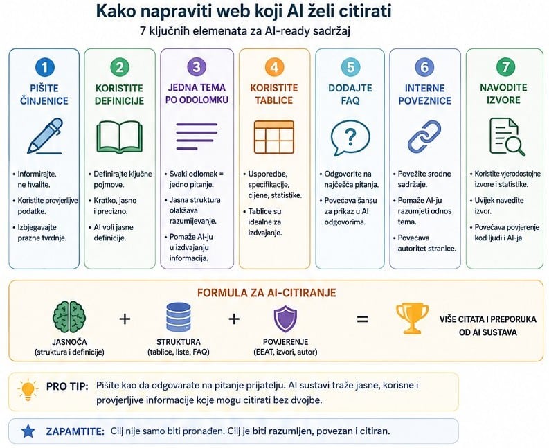 Infografika kako napraviti web koji AI želi citirati
