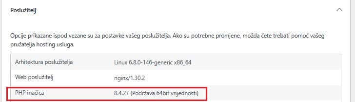 Zdravlje web-stranice u WordPressu, sekcija Poslužitelj s retkom PHP inačica 8.4.27