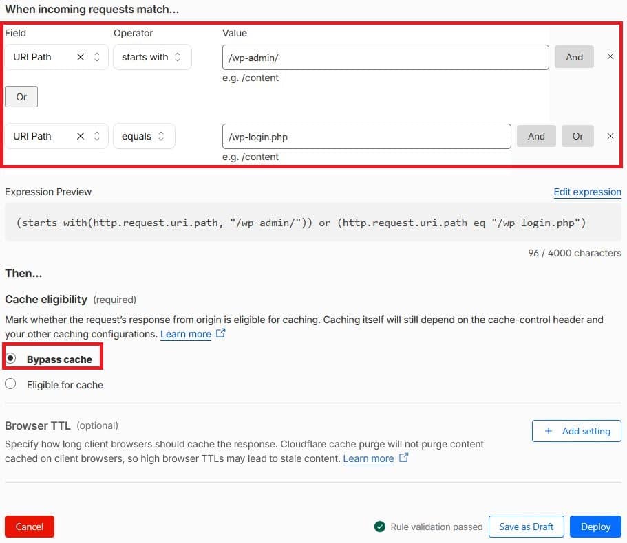 Cloudflare Cache Rule za zaobilaženje cachea na WordPress wp-admin i wp-login stranicama