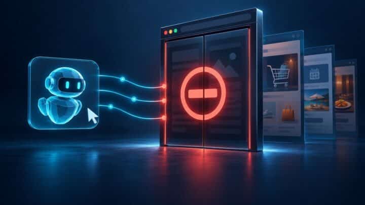 Ilustracija AI agenta kojem je blokiran pristup web stranicama, prikazan zatvorenim vratima preglednika i crvenim znakom zabrane.