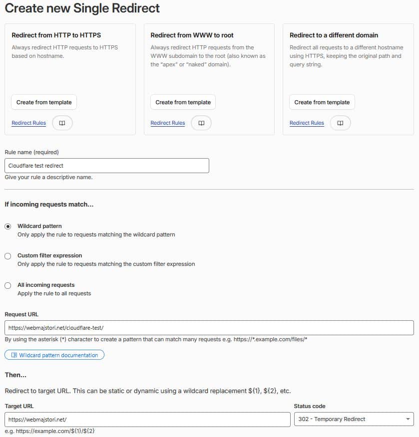 Postavljanje testnog 302 preusmjeravanja pomoću Cloudflare Redirect Rule