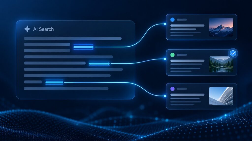 Stiliziran AI odgovor u pretrazi s istaknutim linkovima koji vode prema karticama izvornih web stranica