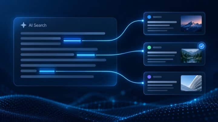 Stiliziran AI odgovor u pretrazi s istaknutim linkovima koji vode prema karticama izvornih web stranica