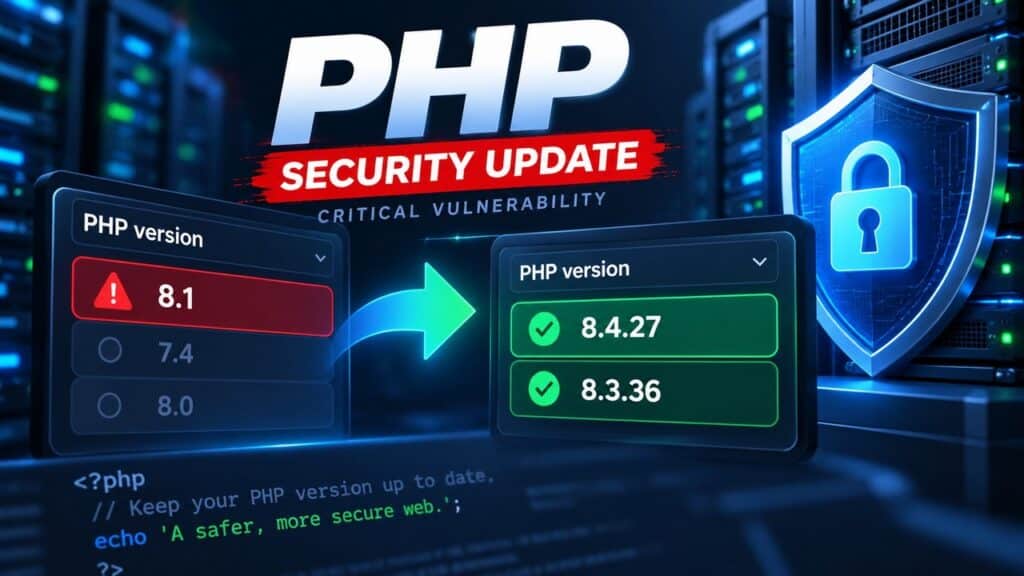 PHP sigurnosna nadogradnja s prikazom prelaska s ranjive PHP 8.1 verzije na zakrpane PHP 8.4.27 i 8.3.36 verzije.