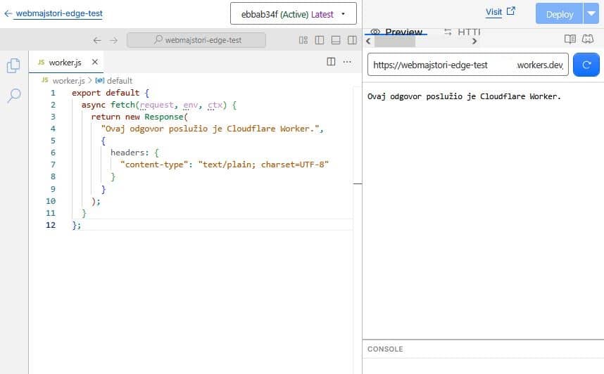 Cloudflare Worker editor s jednostavnim kodom i rezultatom u Preview prozoru